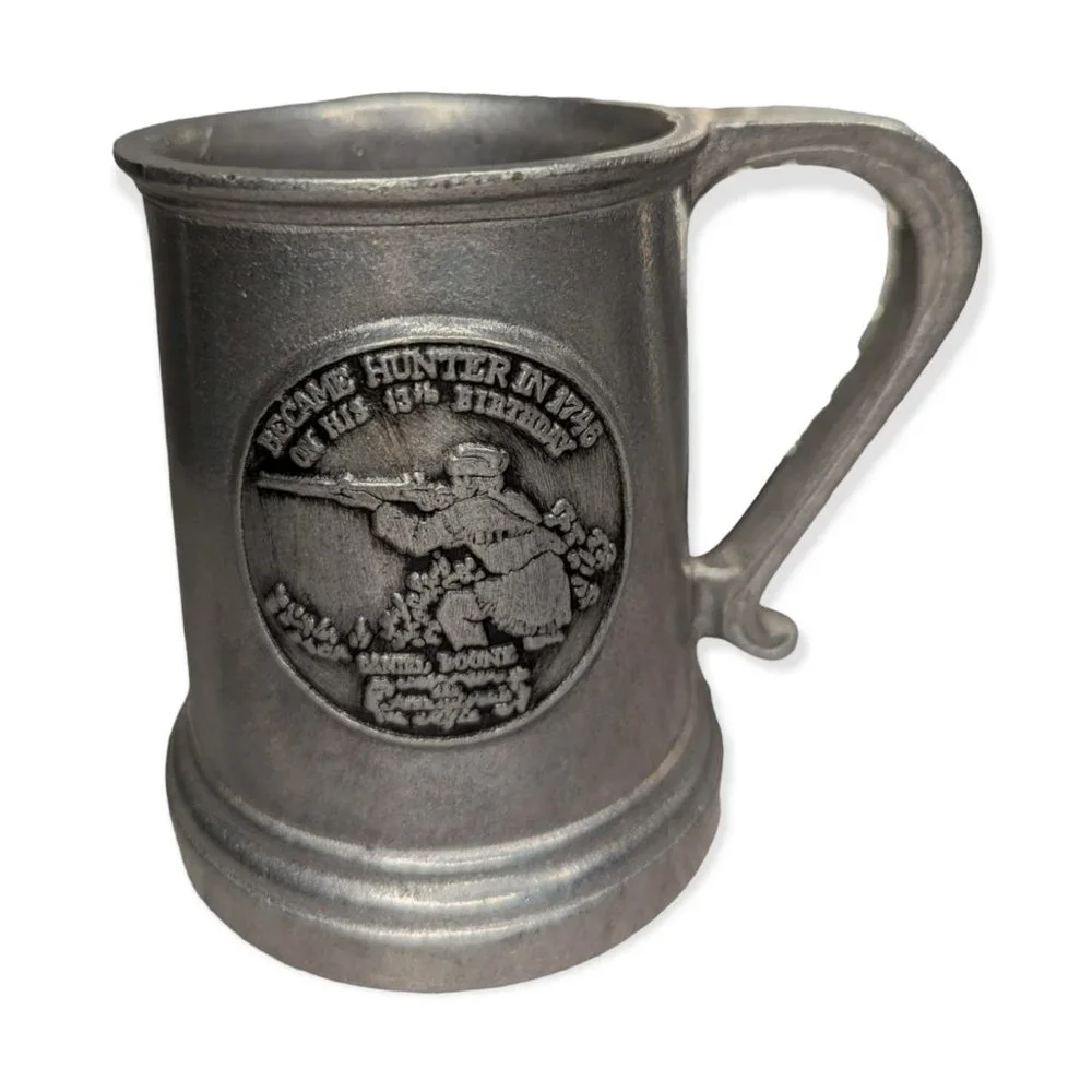 Vintage Pewter Plate & Mugs Featuring Daniel Boone & The Pennsylvania Rifle
